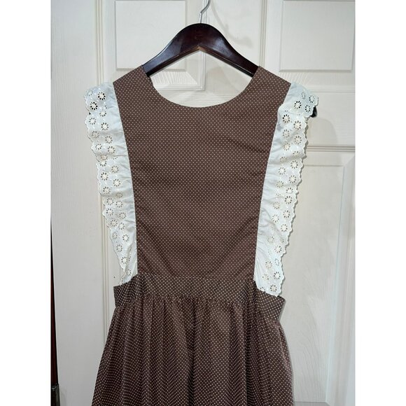 Vintage Brown Polka Dot Pinafore Apron Dress  w/ Eyelet Ruffle Sleeves & Tie Wai - Picture 6 of 8